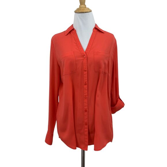 Talbots Shirt Womens M Medium Coral Nantucket Roll Tab Sleeve Button Up Pockets - Picture 1 of 11